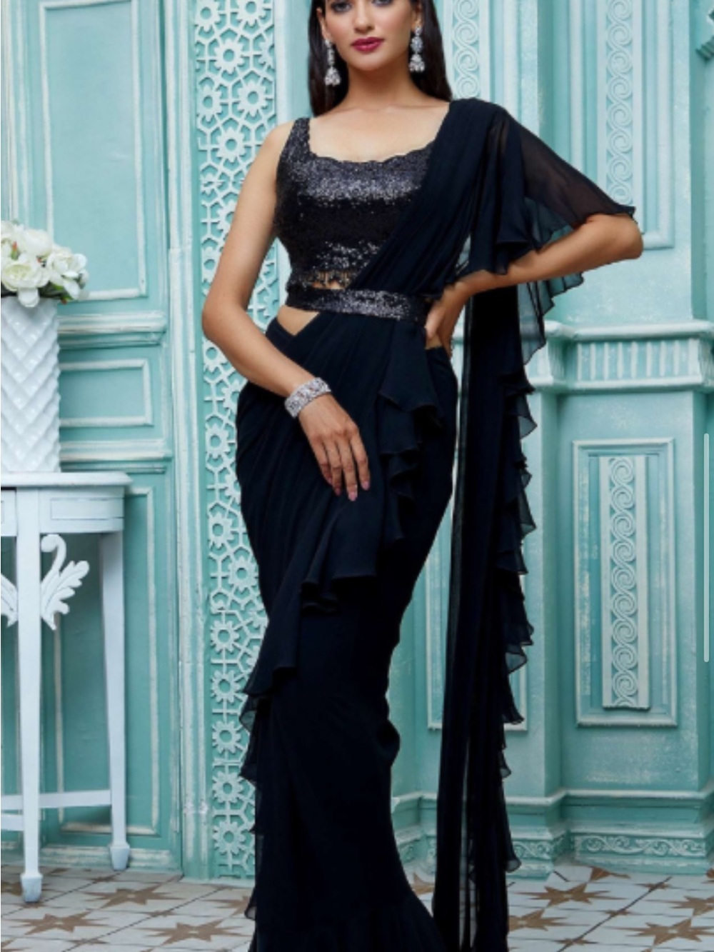 Elegant Black Ruffled Saree with Sequin Blouse - Brand: